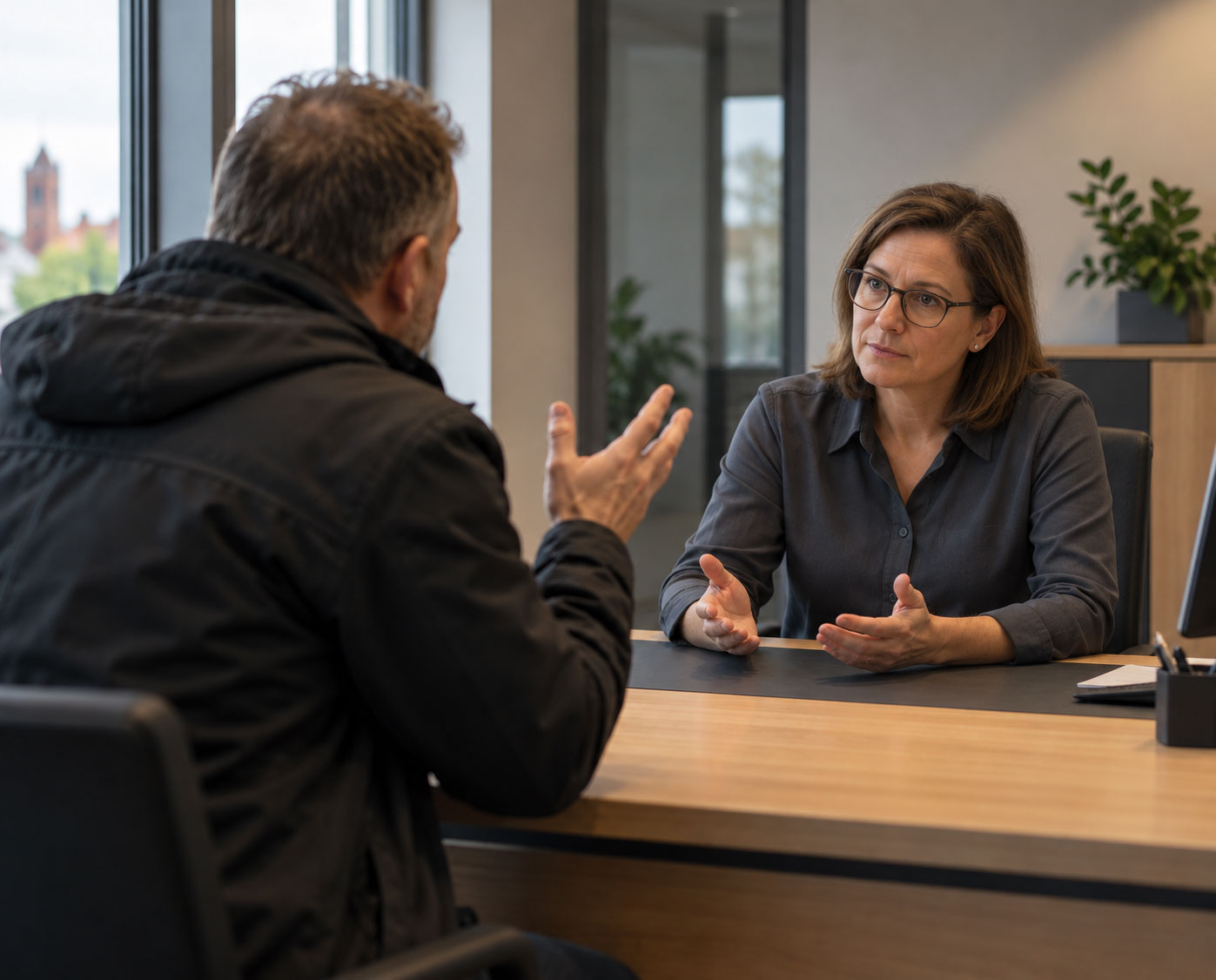 Ein aufgebrachter Besucher gestikuliert an einem Beratungstresen, der Mitarbeiter bleibt ruhig sitzen und hält die Hände offen — der Moment, in dem ein Gespräch kippt