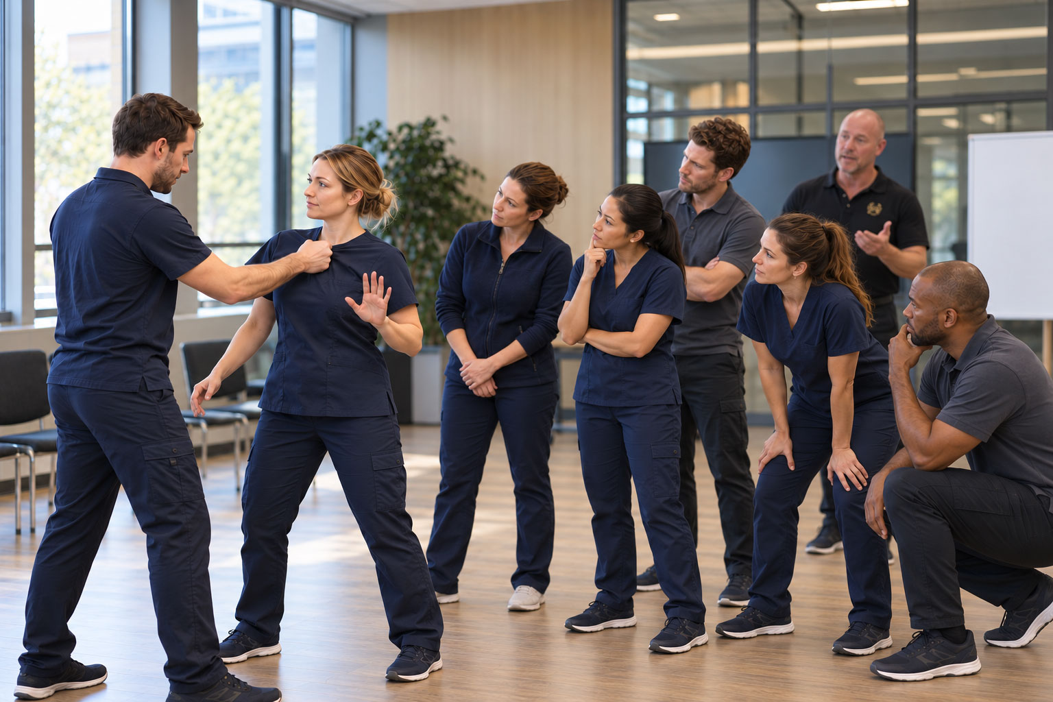 Ein Trainer erklärt Pflegekräften in einer Einrichtung das Vorgehen bei einer eskalierenden Situation — Übungssituation aus einem Interventionstraining